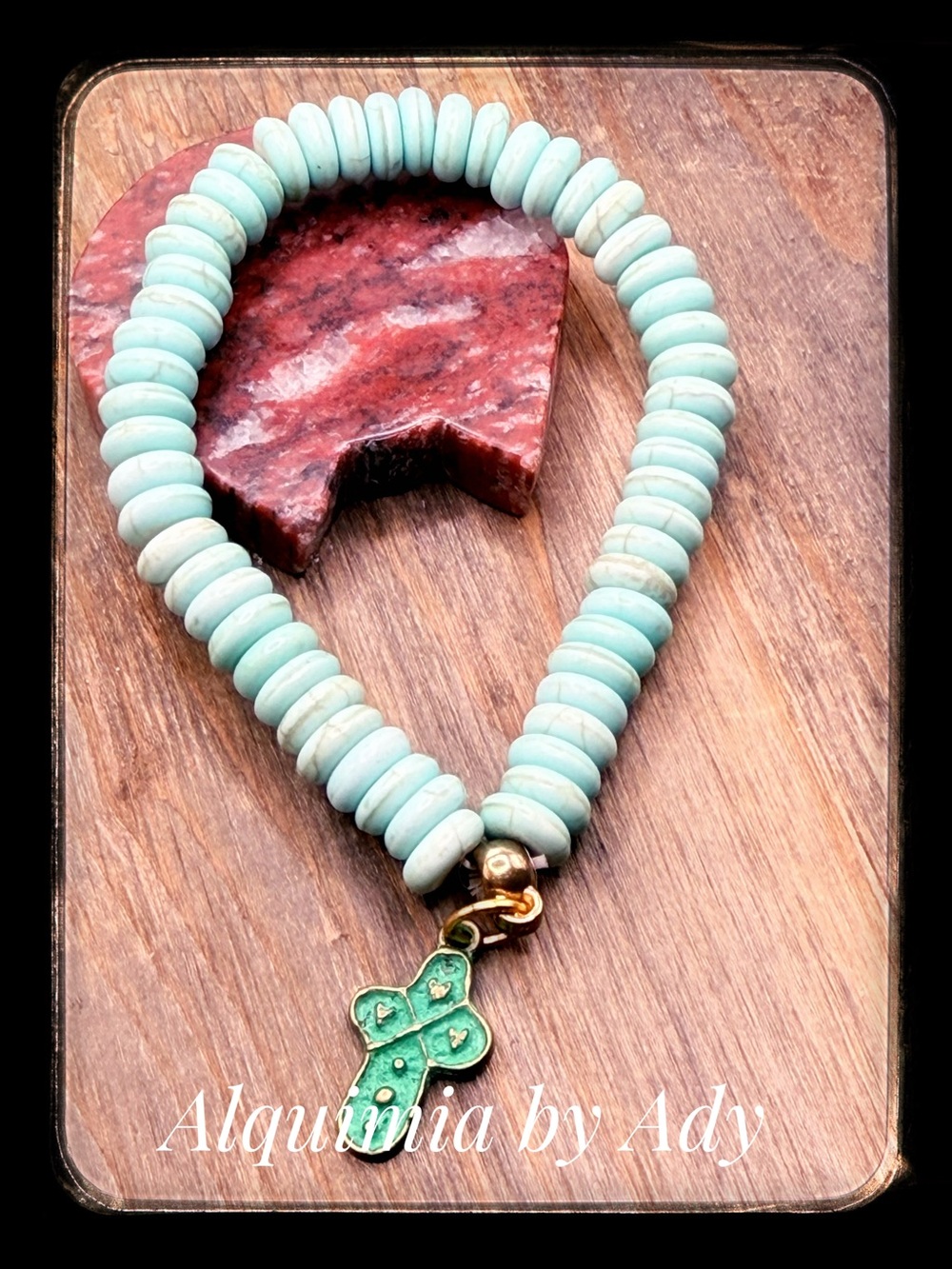 Alquimia Mint Green Beaded Necklace with Enamel Cross Charm